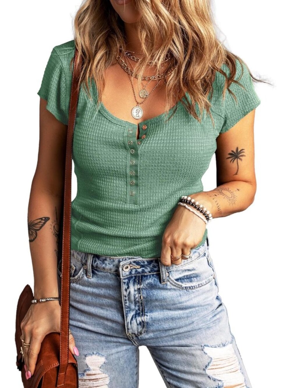 Women's Green Short Sleeves Crew Neck Henley Snap Button Down Blouses Shirts